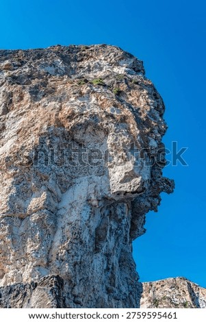 Low-angle view of a weathered limestone cliff with textured rock and clear blue sky, featuring a natural formation that resembles a human side profile.