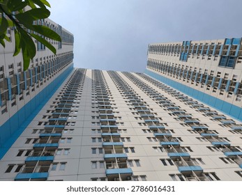 A low-angle, worm's-eye view of multiple tall residential buildings against a clear blue sky. The buildings feature white facades with prominent blue horizontal accents and blue balcony railings. Repetitive patterns of windows and balconies are visible on all structures. Green leaves from a plant are partially visible in the top left corner.