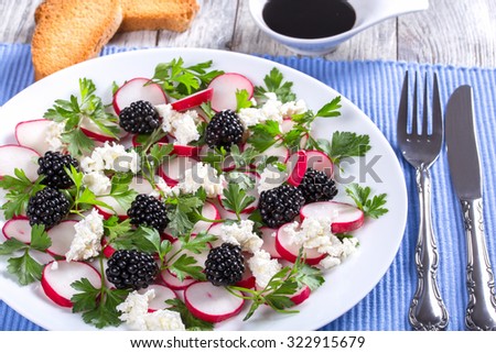 low-calories  parsley, blackberry, radish and  goat cheese organic salad on the white dish on the table napkin, top view, selective focus 