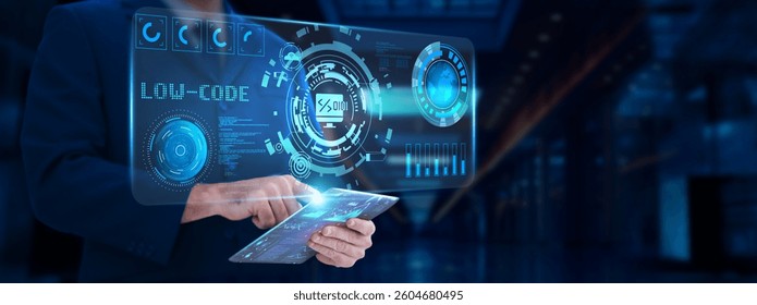 Low-Code: Businessman analyzing and monitoring technological development, automation, efficiency, customization, integration, scalability.