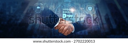 Low-Code No-Code AI: Businessman handshake on digital interface and seamless integration with global network. Automation, drag-and-drop functionality, artificial intelligence, rapid development.