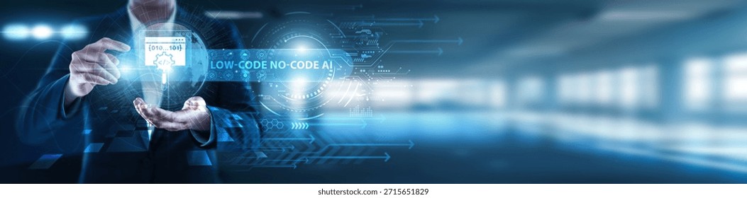 Low-Code No-Code AI developer holding innovative global industry, simplified AI deployment, visual programming, automation solutions, rapid application development, process optimization, intelligent workflows, and enterprise transformation.