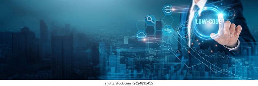Low-Code: Rapid development, automation, user-friendly interface, integration, efficiency, scalability, Businessman touch low-code network, collaboration.