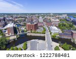 Lowell historic downtown and Concord River aerial view in Lowell, Massachusetts, USA.