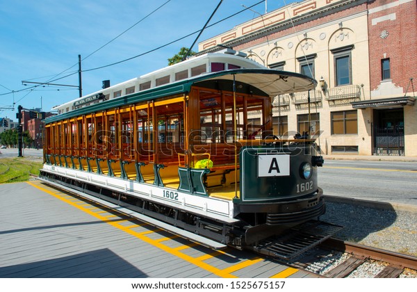 LOWELL, MA, USA - SEP. 2, 2018:\
Lowell Open Trolley Streetcar #1602 at National Streetcar Museum on\
Dutton Street in Downtown Lowell, Massachusetts, MA,\
USA.