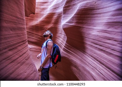 Lower Antelope Canyon People Arizona Orange Red Canyon Backpack Man Adventurer Outdoor