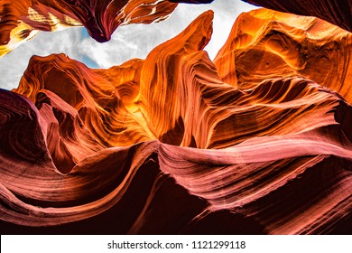 Lower Antelope Canyon View In Orange With Peek Of Sky, Page AZ, May 2017