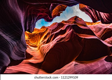 Lower Antelope Canyon View In Purple With Peek Of Sky, Page AZ, May 2017