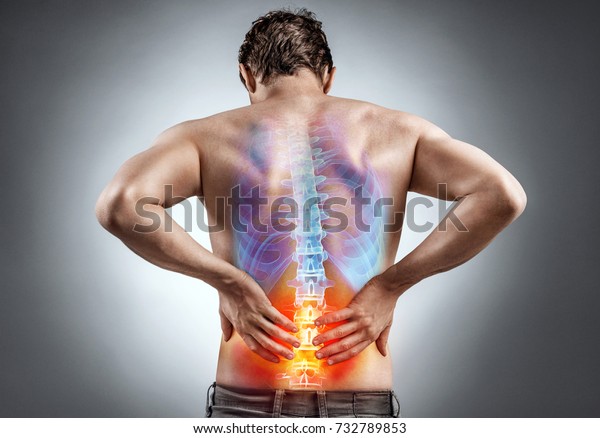 Lower back pain. Man holding his back in pain.\
Medical concept.