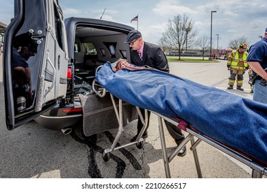 Lower Burrell, Pa., USA - May 3, 2018:  MOCK DUI TRAINING For Fire, Police, And Ems Paramedics At A Staged Car Accident With Injuries And Fatality, Parents Being Restrained