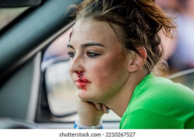 Lower Burrell, Pa., USA - May 3, 2018:  MOCK DUI TRAINING For Fire, Police, And Ems Paramedics At A Staged Car Accident With Injuries And Fatality, Parents Being Restrained