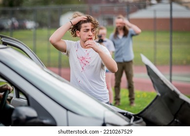 Lower Burrell, Pa., USA - May 3, 2018:  MOCK DUI TRAINING For Fire, Police, And Ems Paramedics At A Staged Car Accident With Injuries And Fatality, Parents Being Restrained