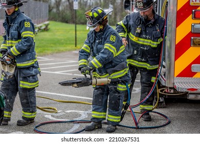 Lower Burrell, Pa., USA - May 3, 2018:  MOCK DUI TRAINING For Fire, Police, And Ems Paramedics At A Staged Car Accident With Injuries And Fatality, Parents Being Restrained