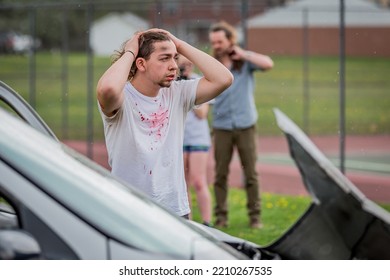 Lower Burrell, Pa., USA - May 3, 2018:  MOCK DUI TRAINING For Fire, Police, And Ems Paramedics At A Staged Car Accident With Injuries And Fatality, Parents Being Restrained