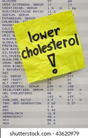 Lower Cholesterol - Yellow Reminder Note On Printout With Blood Test Results