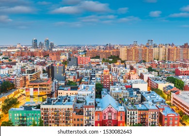 Lower East Side Aerial View Towards Brooklyn At Twilight In New York, New York, USA.