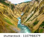 Lower Falls, most popular waterfall in Yellowstone, are located in head of the Grand Canyon in Yellowstone River. The yellow rocks gave name of Yellowstone National Park, Wyoming, United States.