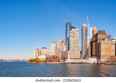 Lower Manhattan, New York, NY, USA - November 21, 2015: View From Hudson River Of The Financial District, One Of The Most Affluent Neighborhoods With Towering Skyscrapers And Famous Historic Buildings