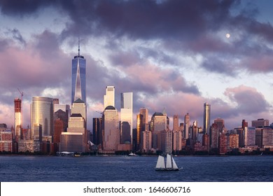 Lower Manhattan Skyline And Moon Rising At Blue Hour, NYC, USA