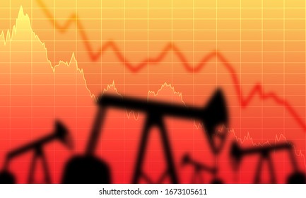 Lower Oil Prices. Oil Rigs On The Background Of The Falling Schedule. Chart Is Dropping Next To The Oil Pumps. Concept - The Crisis In The Growth Of Hydrocarbon Production. Falling Gas Prices