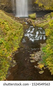 The lower part of the first level of the Multnomah waterfall located at Multnomah Creek in the Columbia River Gorge, Oregon, USA.
