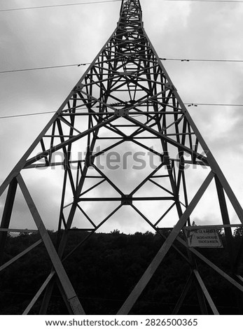 In the lower portion of the image, a dense treeline provides a dark, organic contrast to the rigid metalwork, grounding the composition and adding depth. A warning sign in Cyrillic script is visible on one of the lower crossbeams, underscoring the functional and potentially hazardous nature of the infrastructure. The moody atmosphere, enhanced by the monochromatic palette and diffused lighting, lends the scene a timeless, almost cinematic quality. This image is well suited for editorial and design projects on energy infrastructure, industrial architecture, engineering, urban and rural landscapes, and high‑contrast monochrome photography.