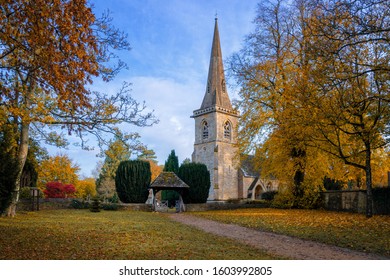 Lower Slaughter In The Cotswolds, Gloucestershire  Church Of Saint Mary In Autumn