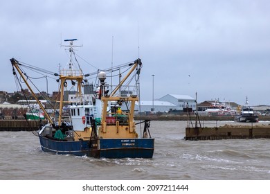 LOWESTOFT, SUFFOLK, UK - DECEMBER 7, 2021: Running In From Offshore Fishing Grounds, Z-41 Albert Bos, A 24m Belgian Beam And Twin Rig Trawler Seeks Sanctuary In Lowestoft Harbour From Storm Barra.