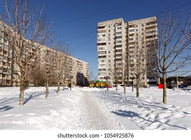 Low-income residential neighborhood in winter. Town of Balashikha, Moscow region, Russia.