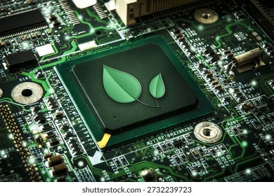 Low-power processor concept with green leaf symbol mounted on a green motherboard with electronic components. Elevated view.