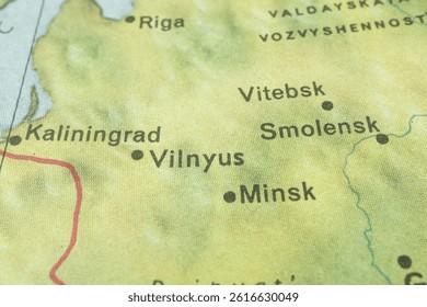 The low-resolution image shows a section of a map, depicting parts of Eastern Europe, with notable countries like Lithuania and Latvia It suggests terrain changes possibly indicating mountains or hi
