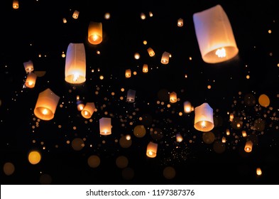Loy krathong and Yi Peng Festival filled sky with lantern in Chiang Mai Thailand.