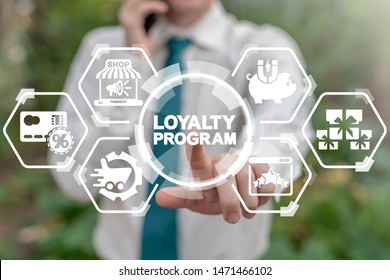 Loyalty Program Shopping Earn Points Return Money concept. Businessman touches loyalty program word's button on virtual screen.