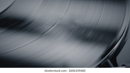 LP Vinyl Record Player: Macro Close Up of Vinyl Record Rotating, Playing Authentic Analog Sound On Retro Turntable. Vintage Sound System for Classic and Timeless Music Collection with Old School Vibe.