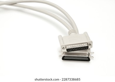 LPT parallel port cable and plug on isolated white background