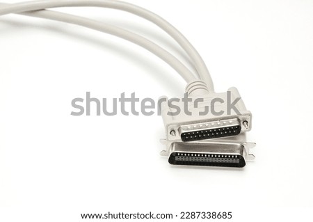 LPT parallel port cable and plug on isolated white background
