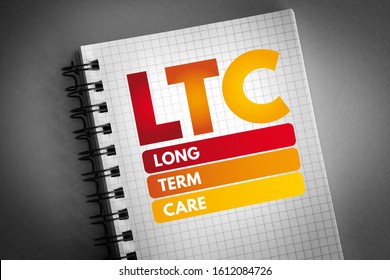 LTC Long Term Care - variety of services designed to meet a person's health or personal care needs during a short or long period of time, acronym text on notepad