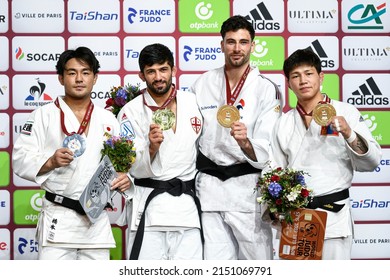 (LtoR) Japan's Hashimoto Soichi, Georgia's Lasha Shavdatuashvili France's Benjamin Axus, Tsogtbaatar Tsend-Ochir During The Paris Grand Slam On February 5, 2022 In Paris, Fran