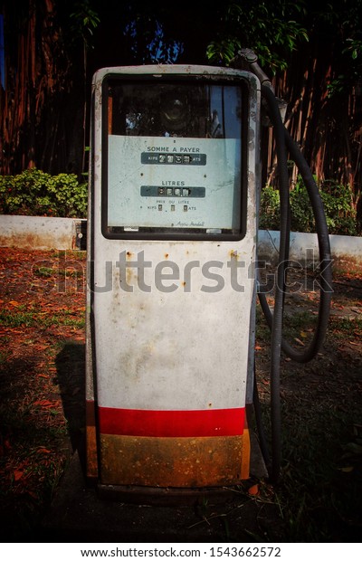 Luang Prabang/Laos - Oct 11 2019: Old Fuel\
oil dispenser with water\
stain,rust.