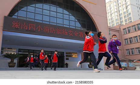 LUANNAN COUNTY, China - November 3, 2021: Fire Emergency Evacuation Drill Site For Primary School Students, North China