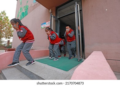 LUANNAN COUNTY, China - November 3, 2021: Fire Emergency Evacuation Drill Site For Primary School Students, North China