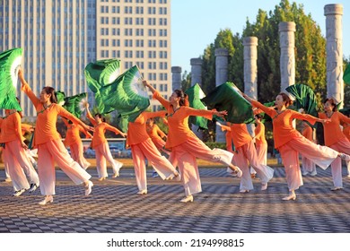 LUANNAN COUNTY, China - October 7, 2021: Ladies Practice Fan Dance In The Park, North China