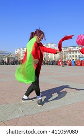 Luannan County- February 20: Chinese traditional style yangko folk dance performance in the street, on February 20, 2016, luannan County, hebei Province, China  