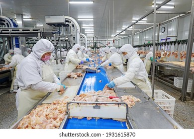 LUANNAN COUNTY, Hebei Province, China - March 17, 2020: The Workers Are Busy In A Modern Broiler Processing Factory On The Production Line Of Broiler Segmentation.