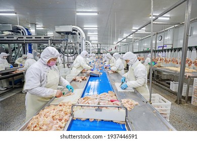 LUANNAN COUNTY, Hebei Province, China - March 17, 2020: The Workers Are Busy In A Modern Broiler Processing Factory On The Production Line Of Broiler Segmentation.