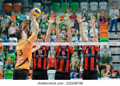 LUBIN, POLAND - 0CTOBER 6, 2014: Ivan Borovnjak (3), Rafal Buszek (14), Russell Holmes (15) And Dawid Konarski (6) During Match PlusLiga Between KGHM Cuprum Lubin - Asseco Resovia Rzeszow.