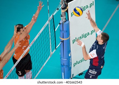 LUBIN, POLAND - APRIL 5, 2015:  Keith Pupart (L) And Dawid Konarski (R) In Action During Match PlusLiga In Volleyball  Between Cuprum Lubin - ZAKSA Kedzierzyn-Kozle 0:3.