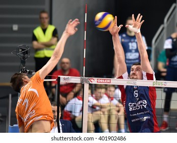 LUBIN, POLAND - APRIL 5, 2015: Lukasz Kaczmarek (L) And Dawid Konarski (R) In Action During Match PlusLiga In Volleyball  Between Cuprum Lubin - ZAKSA Kedzierzyn-Kozle 0:3.