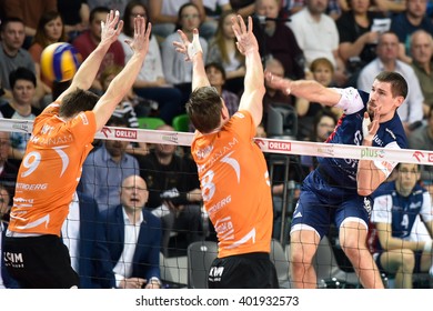 LUBIN, POLAND - APRIL 5, 2015: Dawid Konarski In Action During Match PlusLiga In Volleyball  Between Cuprum Lubin - ZAKSA Kedzierzyn-Kozle 0:3.