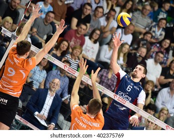 LUBIN, POLAND - APRIL 5, 2015: Dawid Konarski In Action During Match PlusLiga In Volleyball  Between Cuprum Lubin - ZAKSA Kedzierzyn-Kozle 0:3.